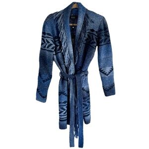 Badgley Mischka Blue Cardigan Belted Fringe Medium Geometric Western Boho NEW